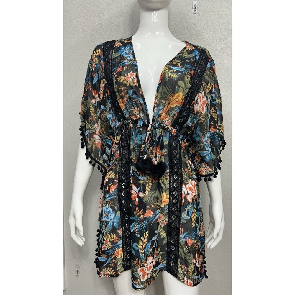 Time &Tru caftan Kimono Swim Cover Up One Size Floral Tropical Lace Pom Pom Trim